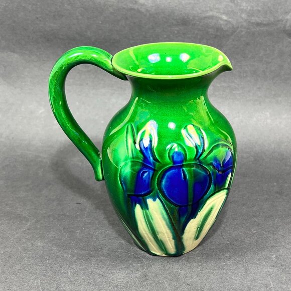 Antique Awaji Pottery Blue White Iris Green Pitcher Awaji Ware Glazed Japan - Picture 5 of 16